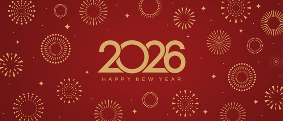 Chinese New Year 2026 greeting card design. Year of the Horse. Minimalist golden fireworks on a red background.
