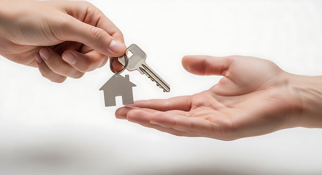 Two hands exchanging a silver house key and keychain.