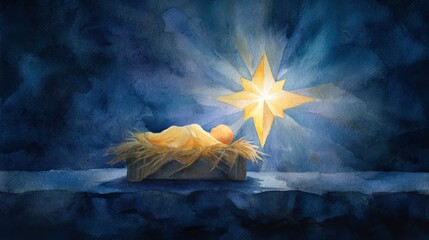 Watercolor nativity scene with luminous star over mary's cradle for christmas inspiration