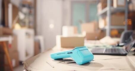 Pos machine, small business and ecommerce with transactions, laptop and payment services. Empty, fintech and computer in workplace, sales point and online banking with internet, network and startup - Powered by Adobe