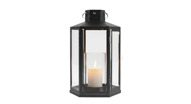 Black Hexagonal Lantern with Lit Candle Inside Keywords: lantern, candle, light, flame isolated on a transparent background