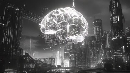 Holographic brain floating over futuristic cityscape at night - Powered by Adobe