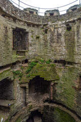 The damp, moss-covered stone interior of a ruined circular castle tower (Conwy, Wales, United Kingdom)