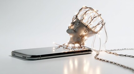 An artistic concept image of a sculpted head atop a smartphone, adorned with strings of delicate lights. ..Created with Generative AI, not depicting real subjects.