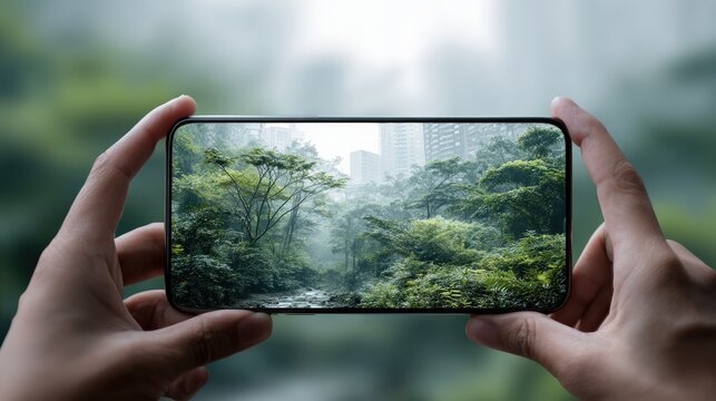A person's hands holding up smartphone with landscape image showing a lush green forest captured through the screen. ..Created with Generative AI, not depicting real subjects.