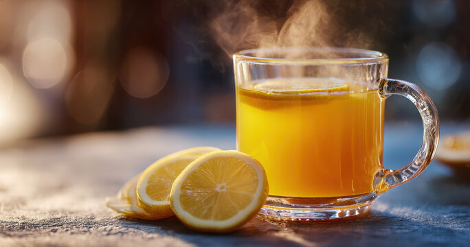 glass mug filled with hot lemon tea emits gentle steam in warm sunlight, with fresh lemon slices beside it, evoking comfort and calm in a cozy setting