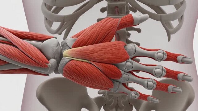 Detailed 3D animation of the interosseous muscles of the human hand