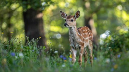 Young Fawn Standing in a Sunlit Forest Meadow