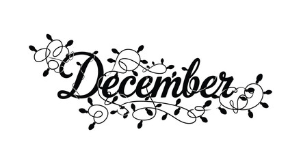 Elegant december text calligraphy with festive christmas lights and bokeh effect