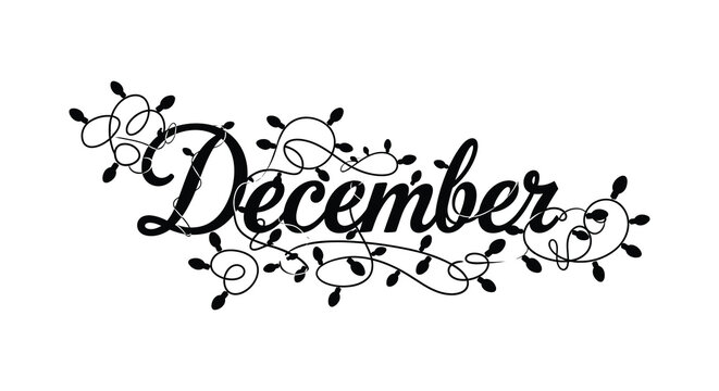 Elegant december text calligraphy with festive christmas lights and bokeh effect