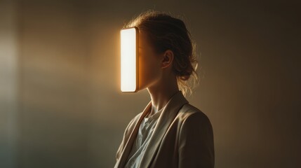 A woman's face is obscured by a bright screen, symbolizing a digital influence. ..Created with Generative AI, not depicting real subjects.