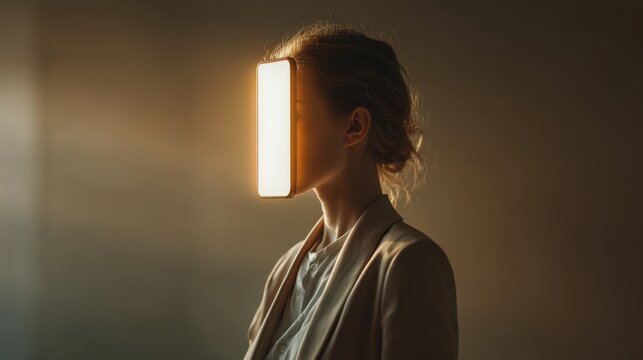 A woman's face is obscured by a bright screen, symbolizing a digital influence. ..Created with Generative AI, not depicting real subjects.