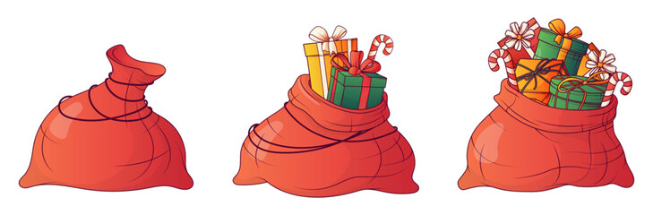 Vector set of red Santa gift bags in three variations: empty, half-filled, and full of presents. Festive Christmas collection for winter holiday design, decoration, or greeting projects.