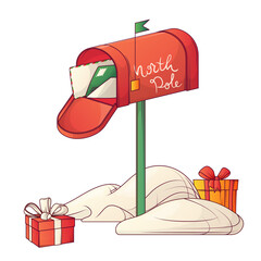 Vector illustration of a North Pole mailbox filled with letters for Santa, surrounded by snow and Christmas gifts. Festive holiday design for winter cards, decorations, and seasonal projects.