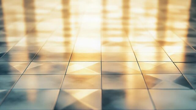 Reflecting sunlight on square floor tiles creating abstract pattern