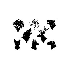 6 animal heads  lion, tiger, wolf, deer, cat, dog, solid black silhouettes, vector style