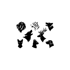 6 animal heads  lion, tiger, wolf, deer, cat, dog, solid black silhouettes, vector style