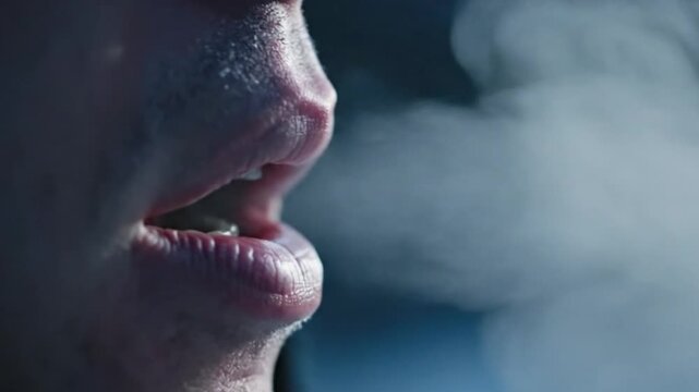 A person's mouth is seen in a close-up side profile against a dark background.