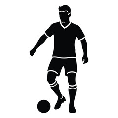 The image is a black silhouette of a male soccer player standing over a ball.