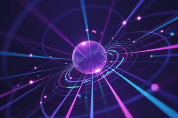 Abstract glowing sphere with dynamic light rays and orbital lines