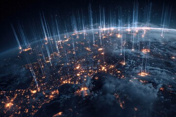 A mesmerizing celestial view of Earth at night, interwoven with interconnected networks of light beams. ..Created with Generative AI, not depicting real subjects.