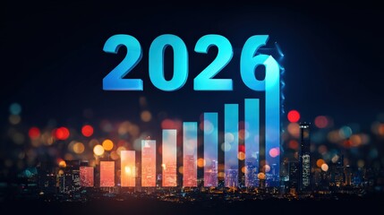 A graphical representation of economic progress for the year 2026, set against a backdrop of a vibrant cityscape lights. ..Created with Generative AI, not depicting real subjects.
