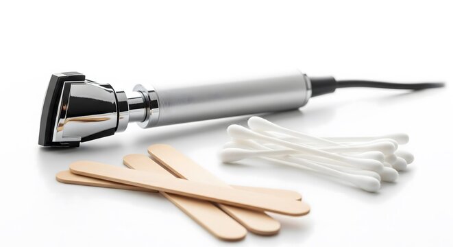 Close-up of a handheld diagnostic instrument, wooden spatulas, and cotton swabs on a white background for medical or hygiene use