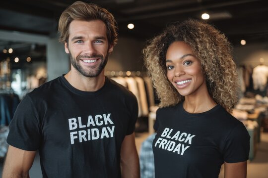 Two retail salespeople wearing black t-shirts with printed BLACK FRIDAY.