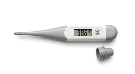Digital medical thermometer displaying a normal temperature of 98.6°F, isolated on a clean white background, viewed from above.