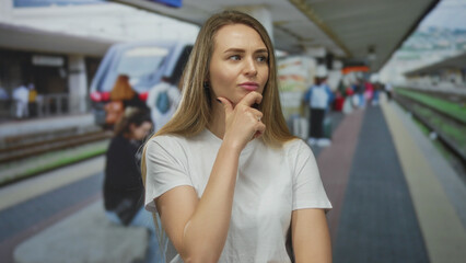 Fototapeta premium Young woman standing pensively at a busy outdoor train station with a thoughtful expression as people wait on the railway platform.