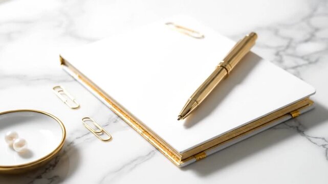 A gold pen rests on a white notebook with paper clips and pearls on marble