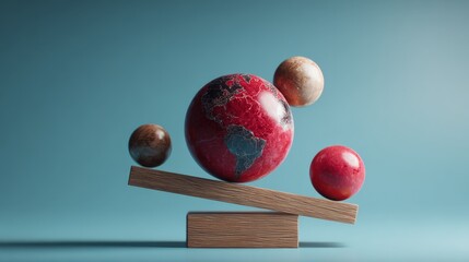 A striking conceptual art piece showcases the Earth and orbiting spheres balanced precariously on a wooden seesaw. ..Created with Generative AI, not depicting real subjects.
