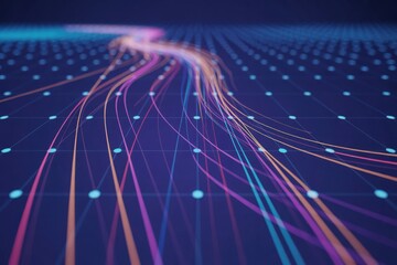 Data flow network stream with glowing lines and connected dots