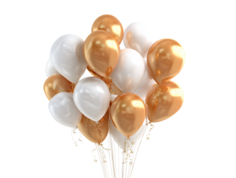 Cluster of shiny gold and matte white balloons floating upward