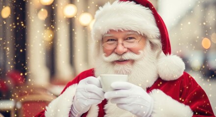 Santa Claus holding steaming coffee cup on blurred background — ideal for cozy home, hygge and holiday content.
