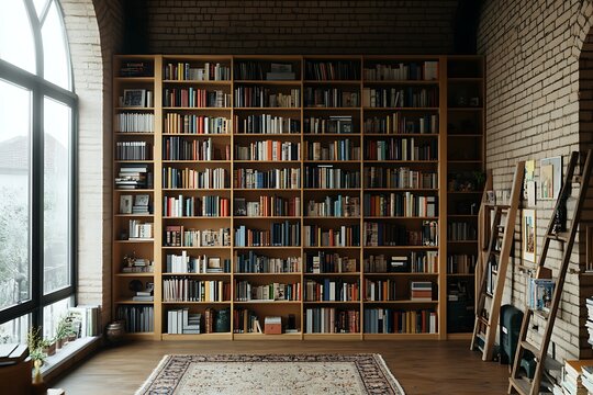 Expansive bookshelf filled with colorful books in a room with brick walls