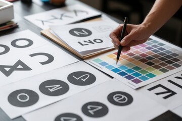 Graphic designer selects colors for branding typography project