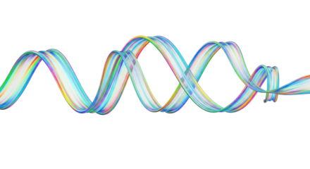 Abstract glowing spiral ribbon of light with rainbow hues isolated on transparent background