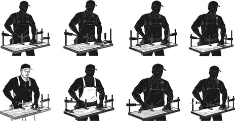 Carpenter working at woodworking table using tools, craftsman building wooden furniture, precision woodworking process, black and white illustration vector