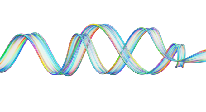 Abstract glowing spiral ribbon of light with rainbow hues isolated on transparent background