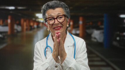 Senior woman doctor with grey hair and stethoscope in an indoor parking lot, smiling with hands clasped, wearing glasses and white coat, conveying empathy and care.