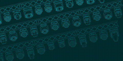 Blueprint-style technical illustration of stage trusses with multiple moving head lights arranged in angled rows. Detailed line-art design suitable for lighting diagrams, stage planning, and event
