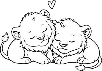 Adorable illustration of two lion cubs sleeping together with a heart above