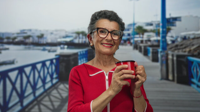Senior woman with grey hair smiling and holding a coffee cup while standing on a seaside promenade with ocean in the background. - Powered by Adobe