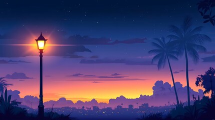 Luminous street lamp casts warm glow over cityscape at sunset with palm trees