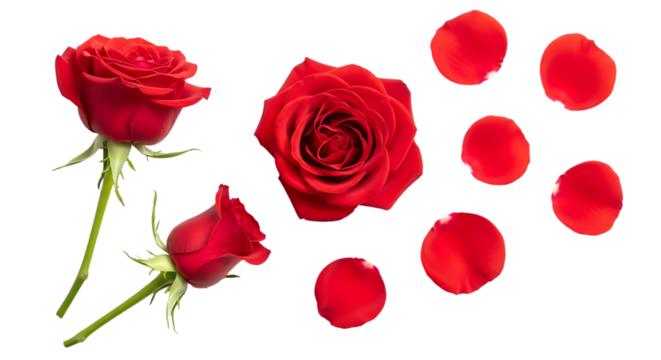 Vibrant red roses and scattered petals on black background
