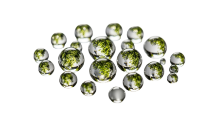 Abstract cluster of translucent droplets reflecting greenery isolated on transparent background