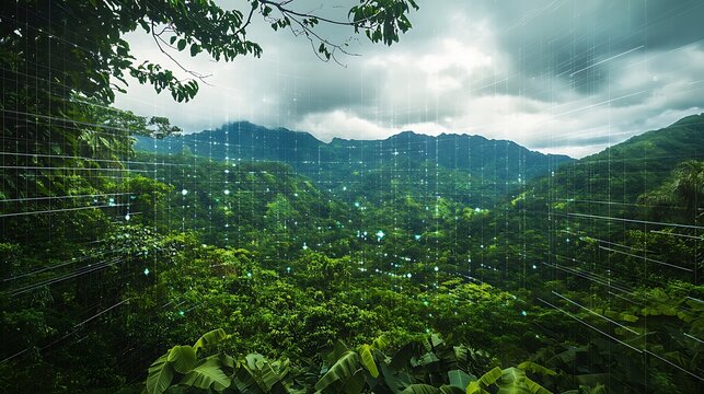 Lush mountain landscape with dense rainforest, cloudscape, and digital matrix overlay design - Powered by Adobe