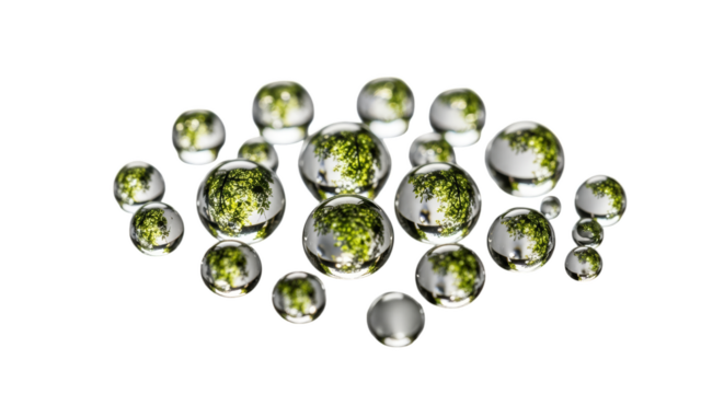 Abstract cluster of translucent droplets reflecting greenery isolated on transparent background