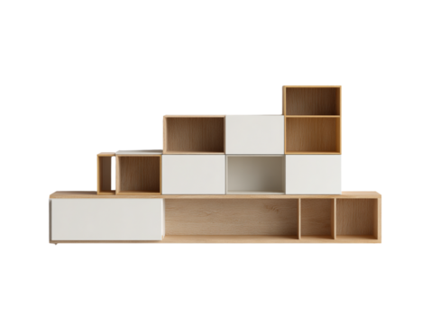  Combination Media Console with Open Shelves and Closed Cabinets in Asymmetrical Layout, Top-Down View, Transparent Background